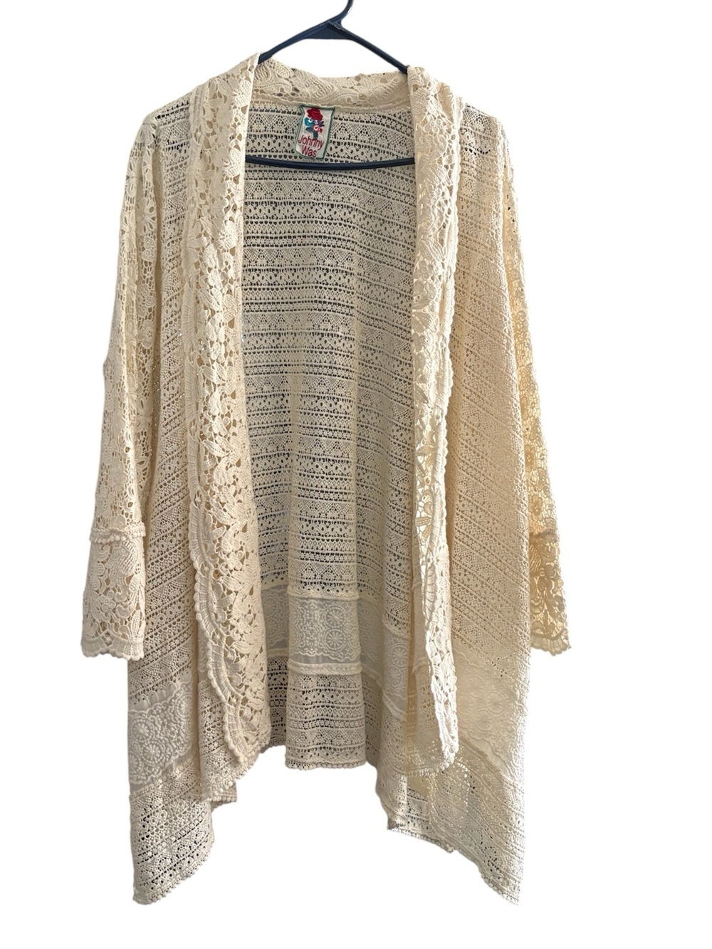 Johnny Was Cream White Crochet Lace Open Front Draped Patchwork Cardigan Boho